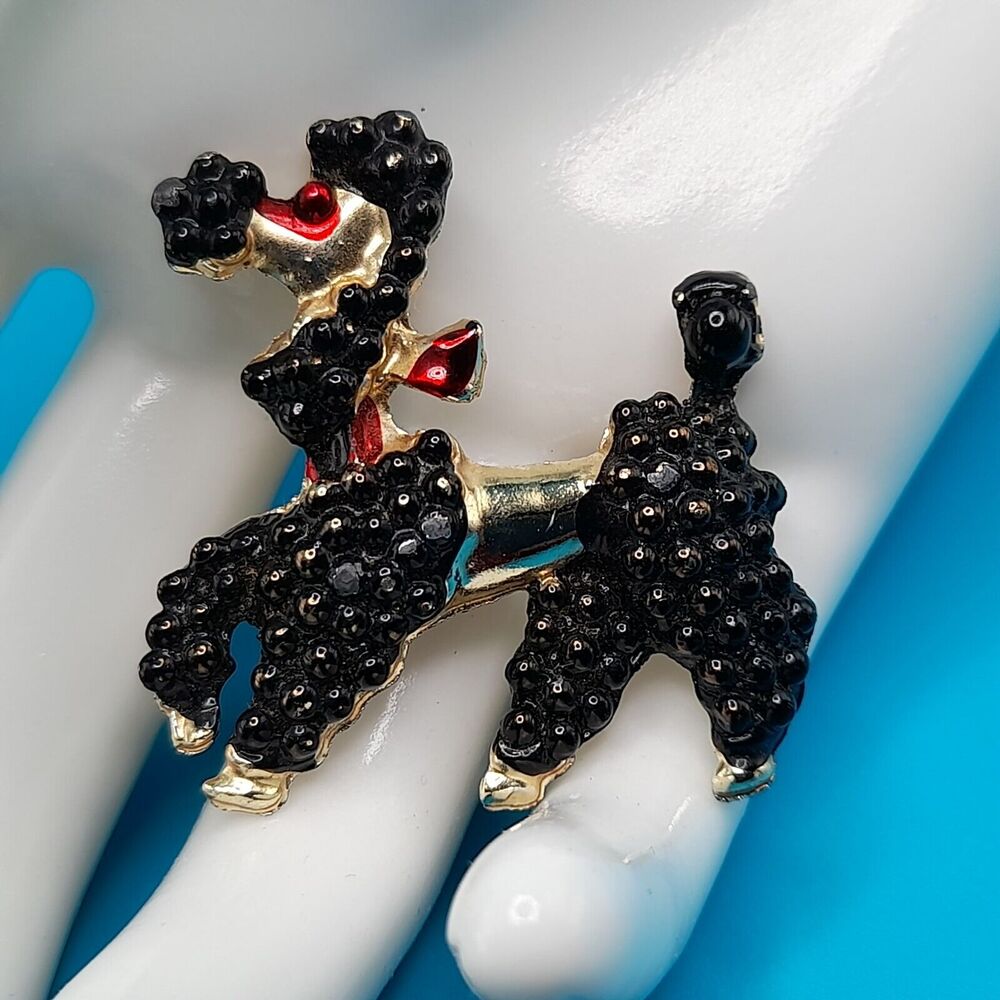 Vintage Black Enamel French Poodle Brooch, Figural Pin